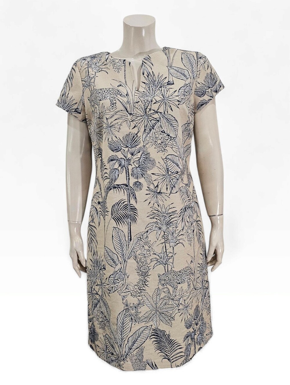 J. McLAUGHLIN Ariana Beige Navy Animal Tropical Print Sheath Dress 8